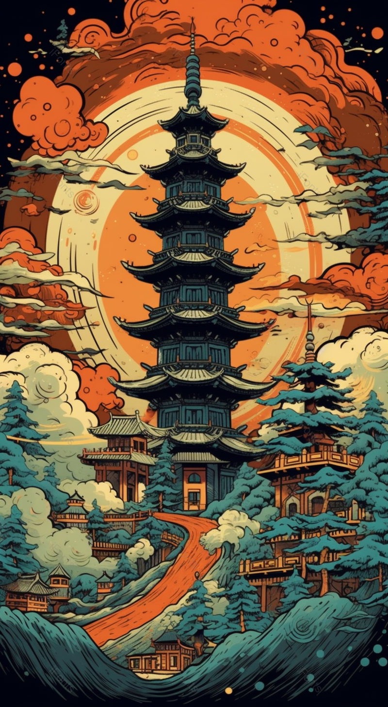 中国风古楼祥云插画背景,插画/手绘图,插画/手绘图库,插画/手绘图下载,插画/手绘